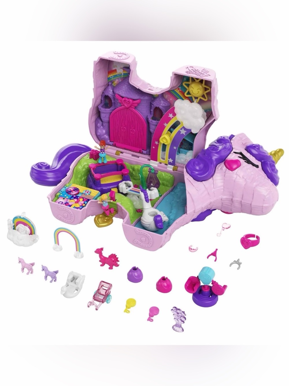 Polly Pocket 2-in-1 Unicorn Party Travel Toy, Large Compact Play-Set
